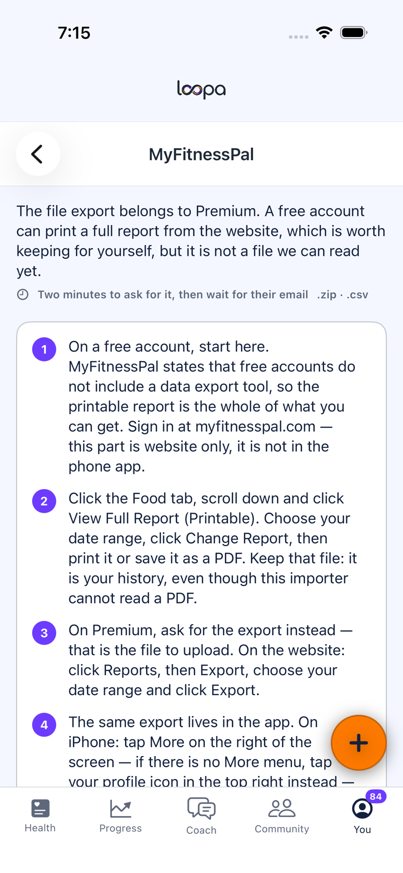 Loopa showing numbered MyFitnessPal export instructions, including what a free account can get