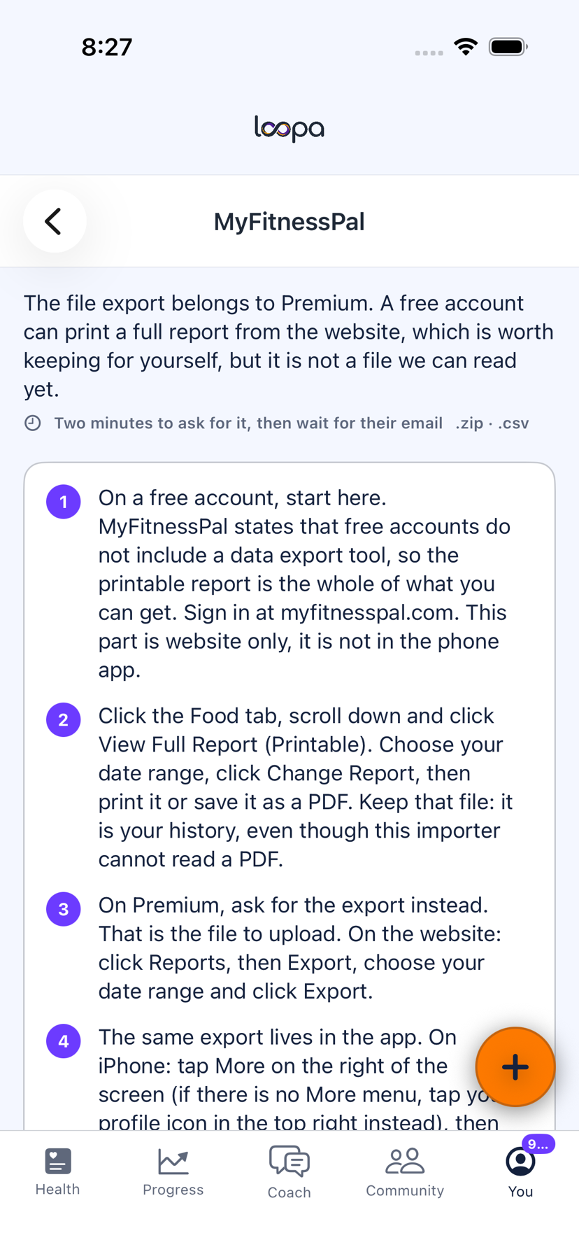 Loopa showing numbered MyFitnessPal export instructions, including what a free account can get