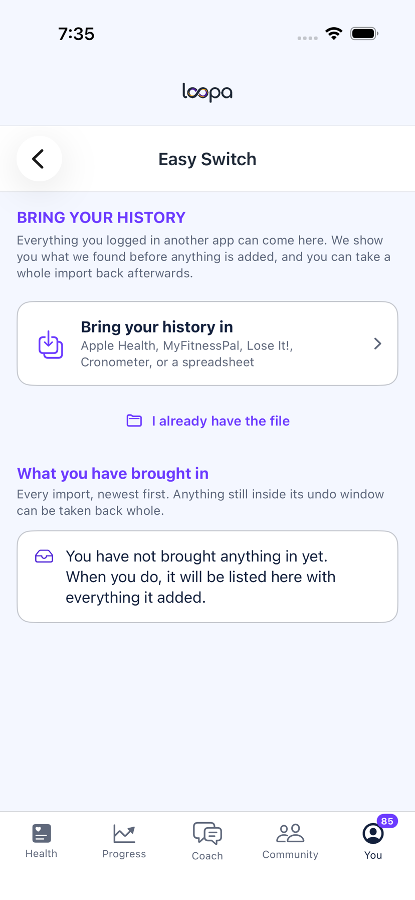 The Loopa Easy Switch screen on iPhone, listing every import and what each one added
