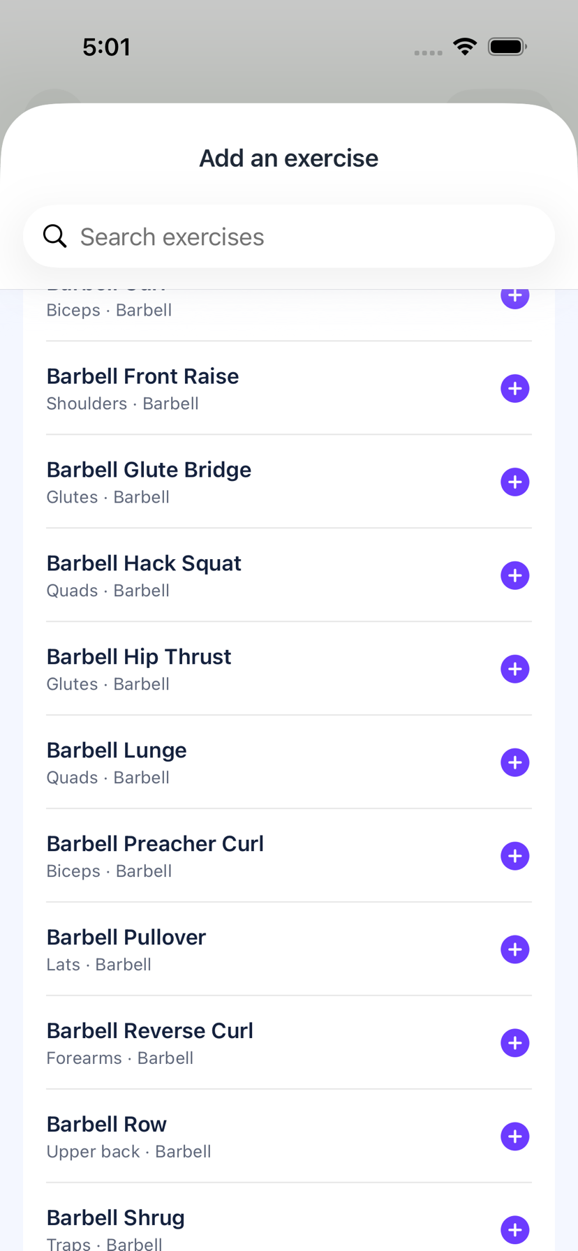 The Loopa exercise picker on iPhone, with muscle and equipment filters above a list of exercises labeled by muscle group and equipment
