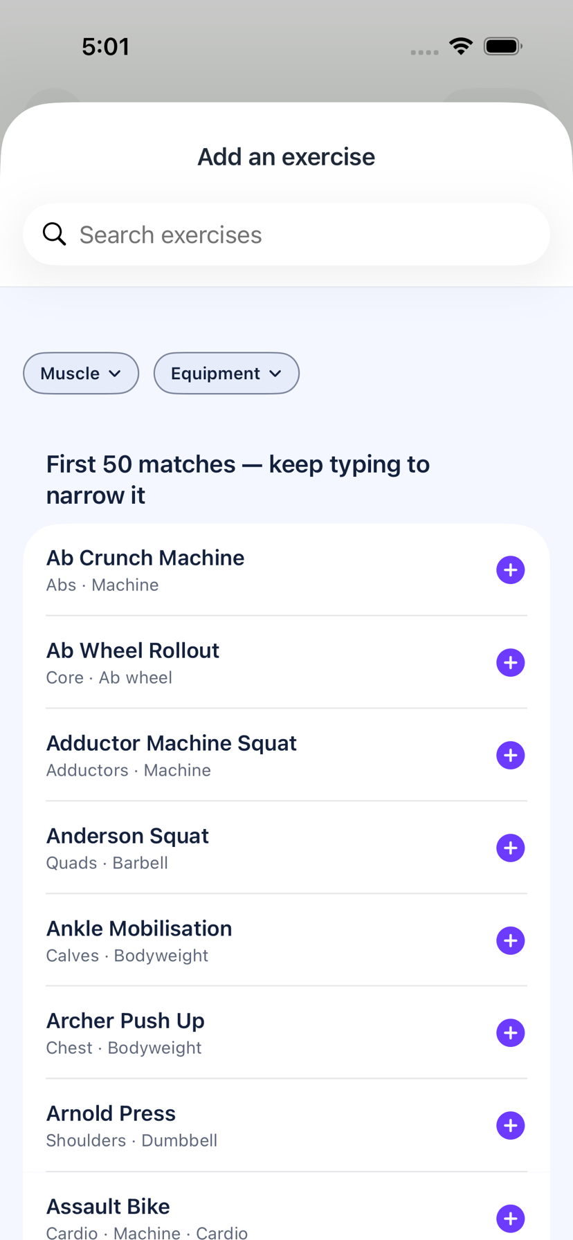 Adding an exercise in Loopa on iPhone: a search box, Muscle and Equipment filters, and matches showing each exercise with its muscle group and equipment