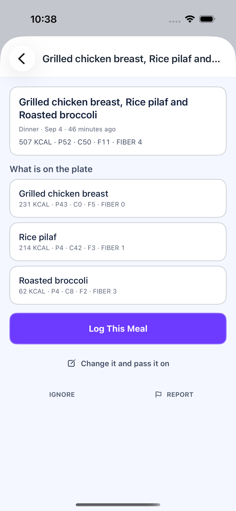 A shared meal open in Loopa: the plate broken into grilled chicken breast, rice pilaf and roasted broccoli with the calories and macros for each, and buttons to log it, change it and pass it on, ignore it or report it