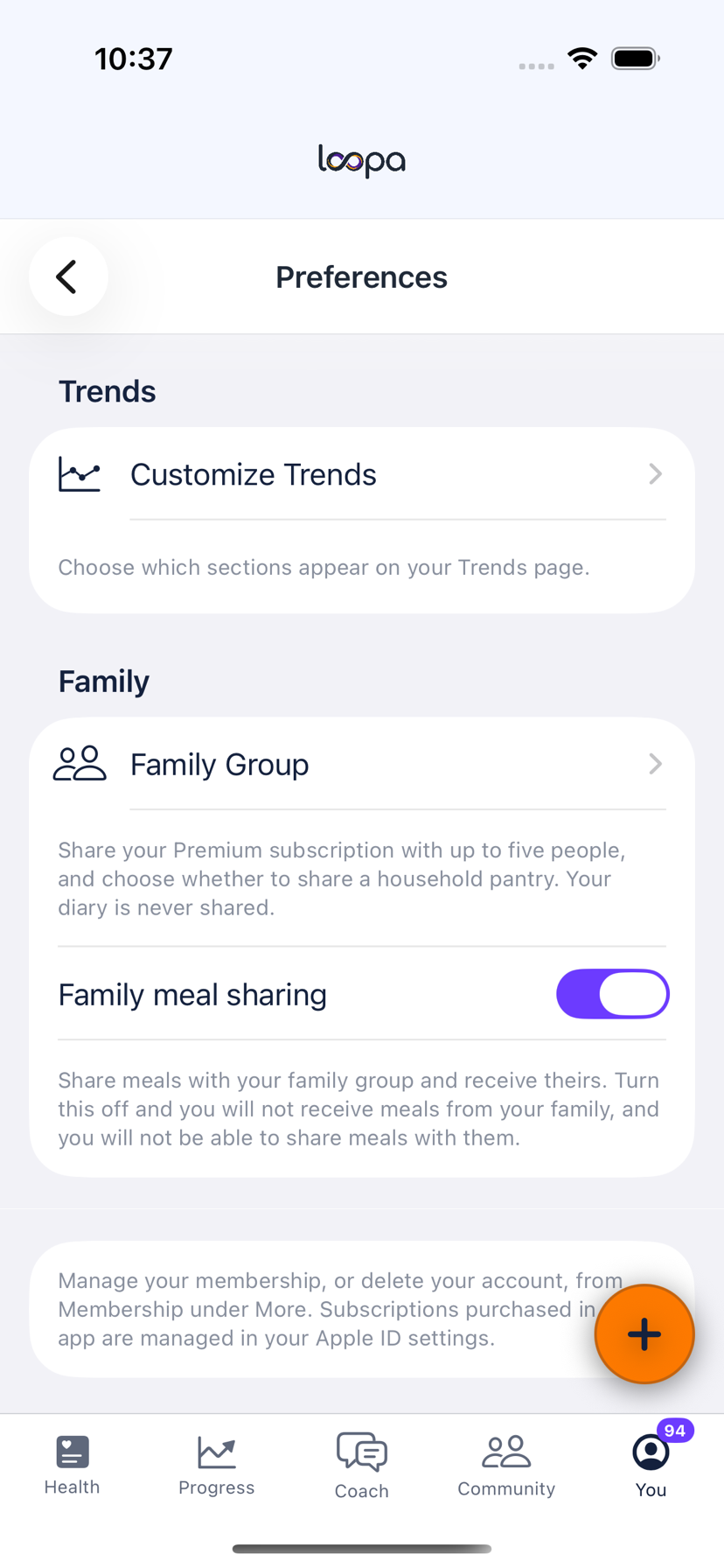 Loopa Preferences on iPhone with a Family meal sharing switch turned on, above a line explaining that turning it off stops meals reaching you and stops you sharing yours