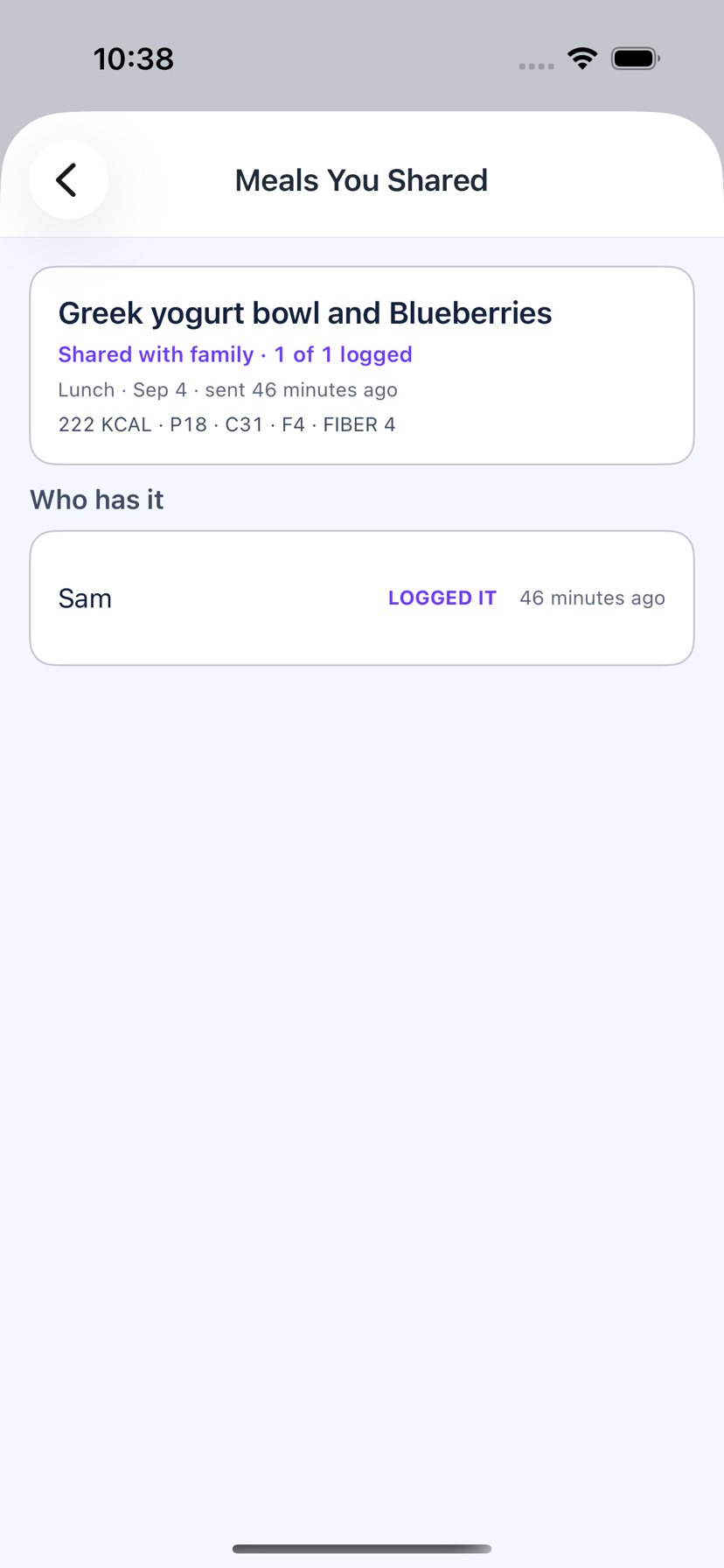 The Meals You Shared screen in Loopa, showing a shared lunch marked Shared with family, 1 of 1 logged, and a Who has it list naming the family member who logged it