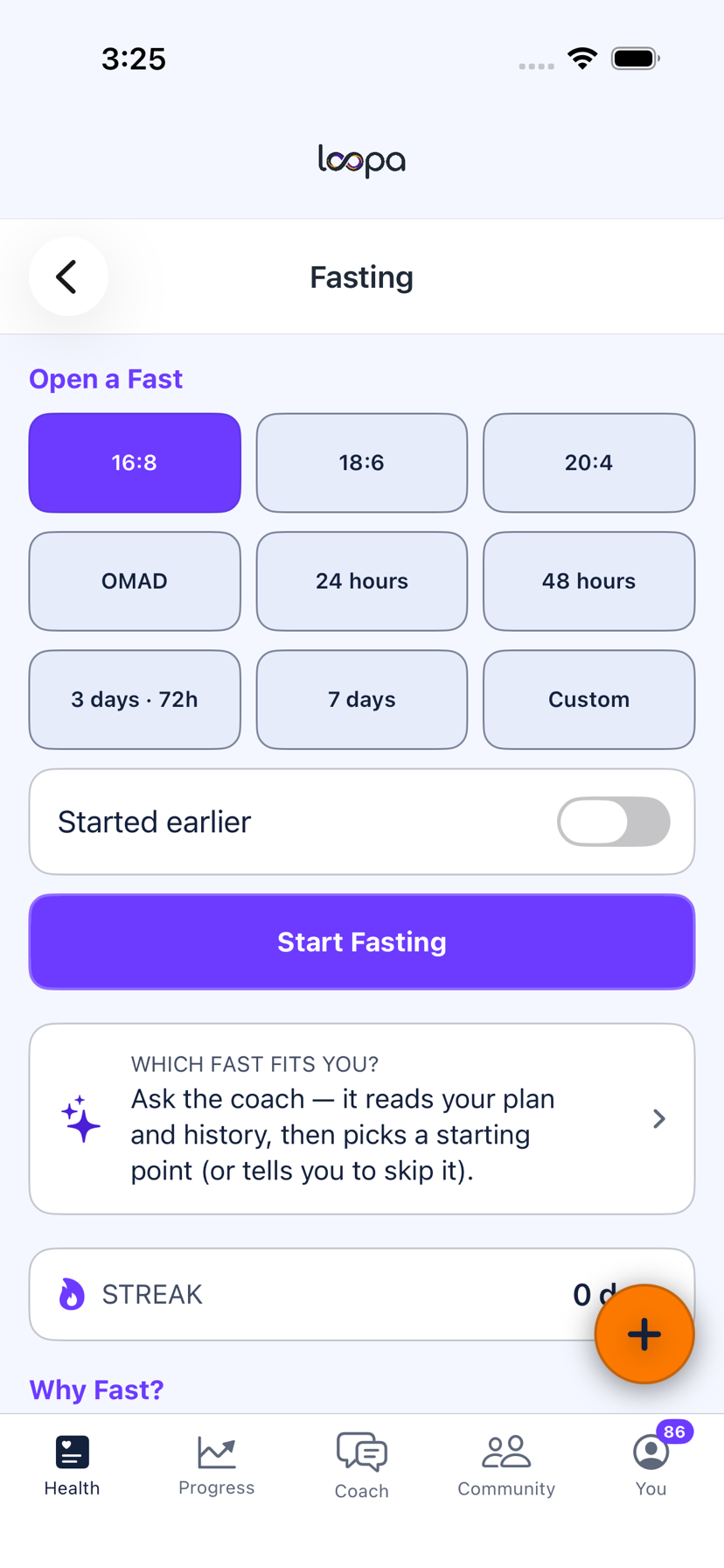 Loopa on iPhone: the fasting screen with 16:8, 18:6, 20:4 and OMAD