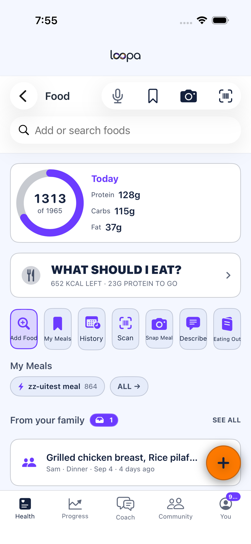 The Loopa Food screen on iPhone with a From your family section above the day’s log, showing a meal a relative has shared and a badge with how many are waiting