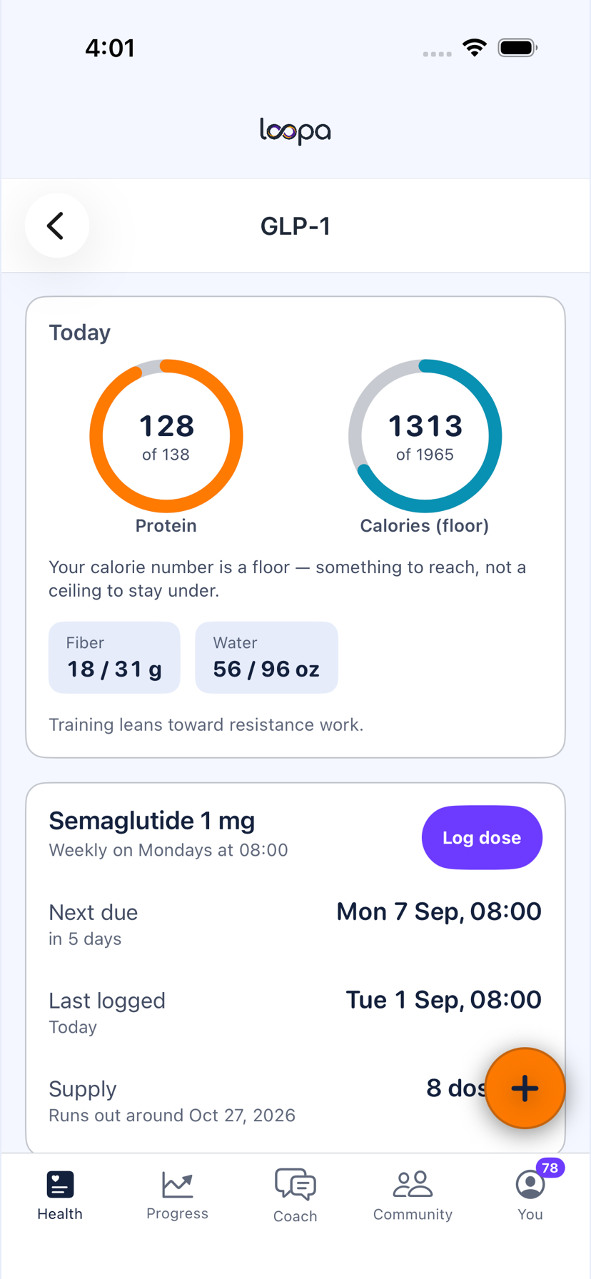 The GLP-1 compound card on iPhone, with Log dose, the next due date, the last logged dose and the supply count