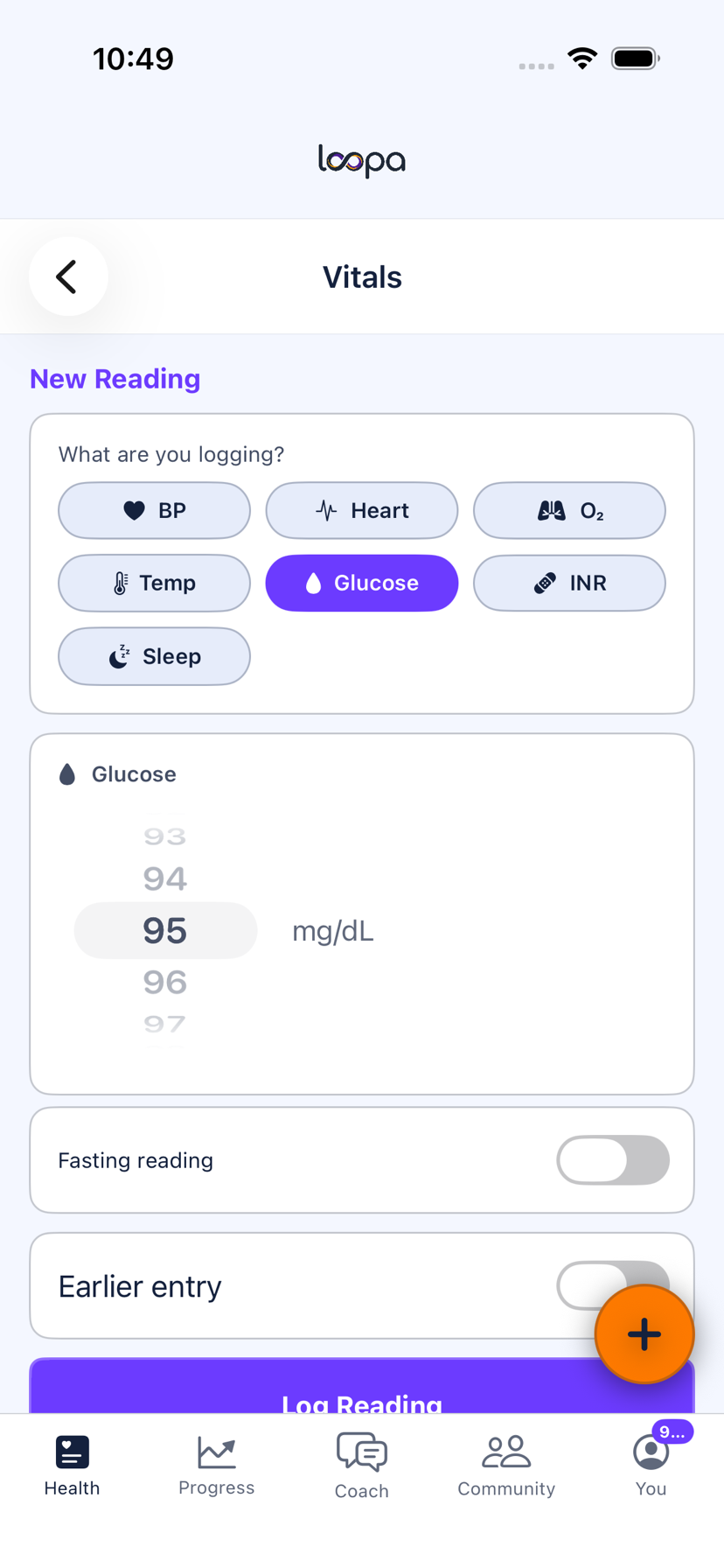 A glucose reading in Loopa on iPhone, with its history and the fasting flag