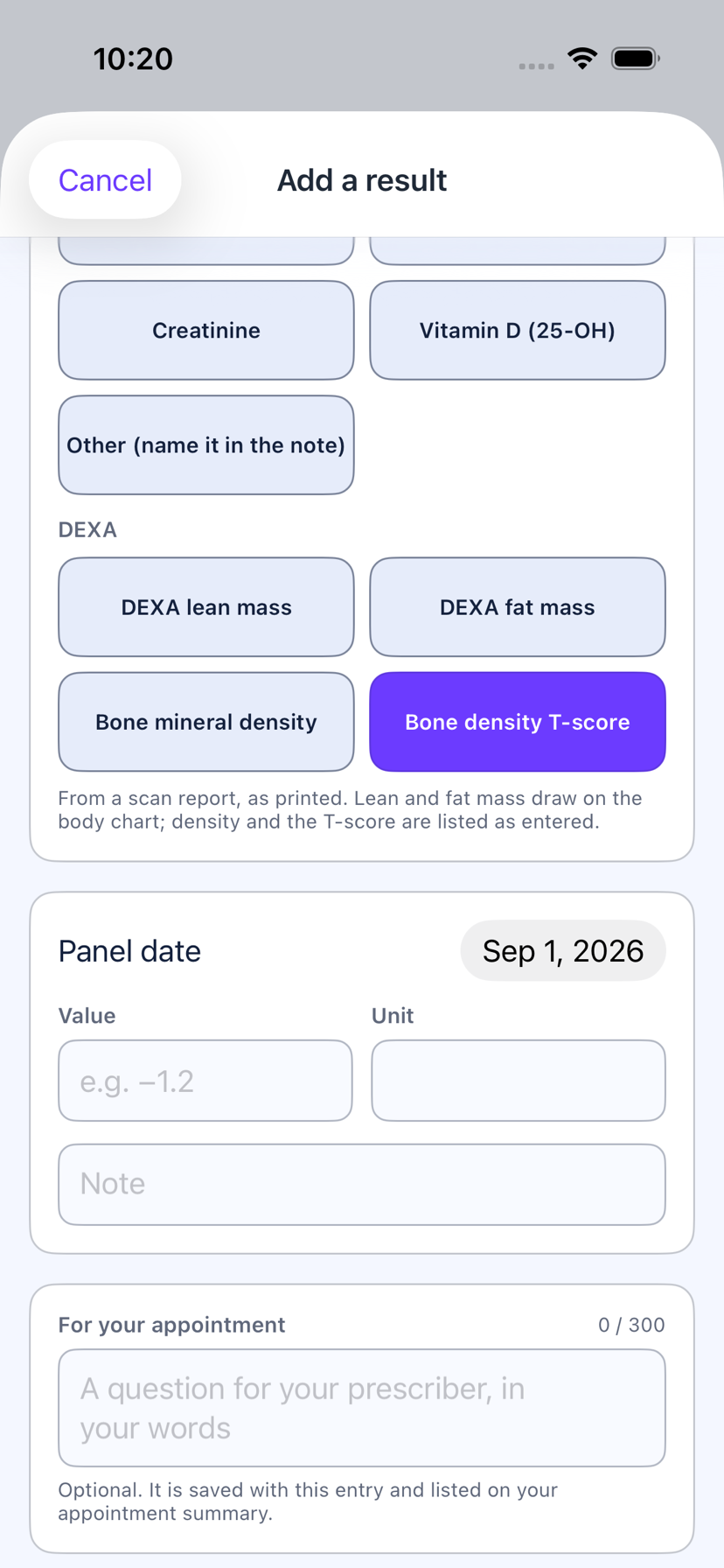 The lab entry screen on iPhone with the DEXA markers: lean mass, fat mass, bone mineral density and T-score, each with the value as entered