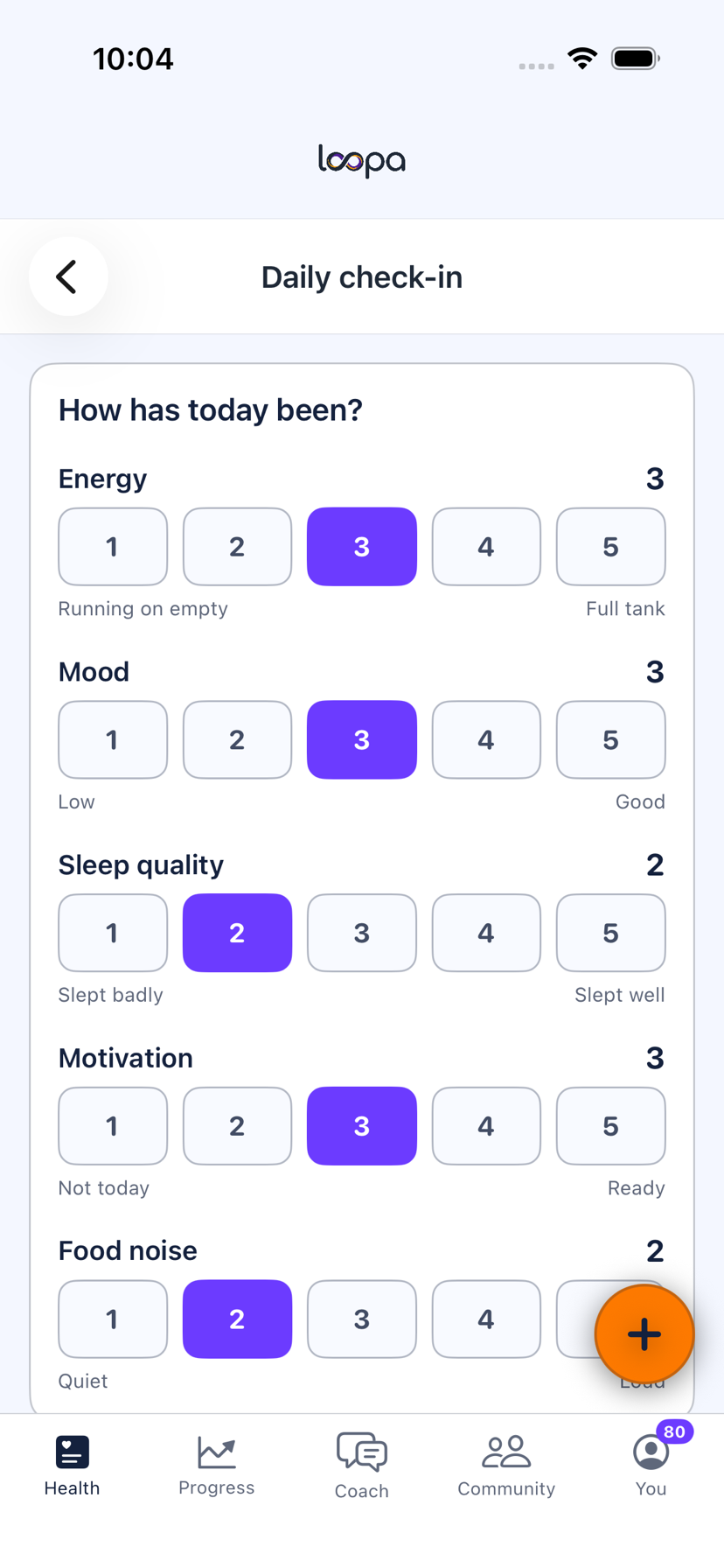 The Daily check-in on iPhone with the food-noise slider beside energy, mood, sleep quality and motivation, each one to five