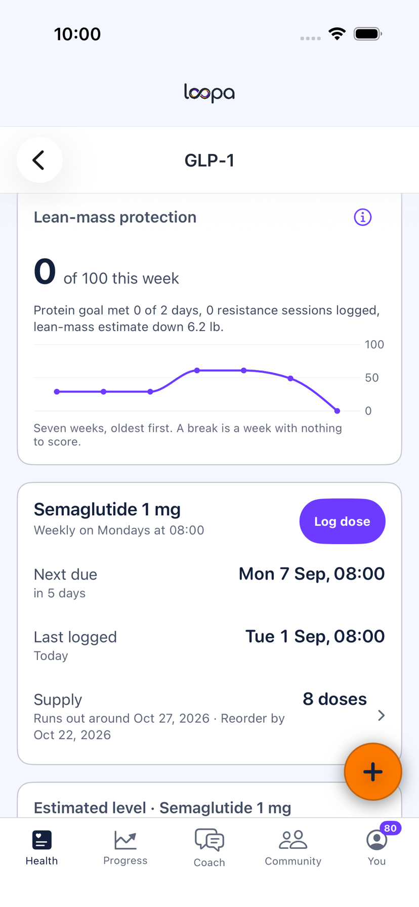 The lean-mass protection card on iPhone: this week’s score out of 100, its protein, resistance and body-composition inputs, and the reason line