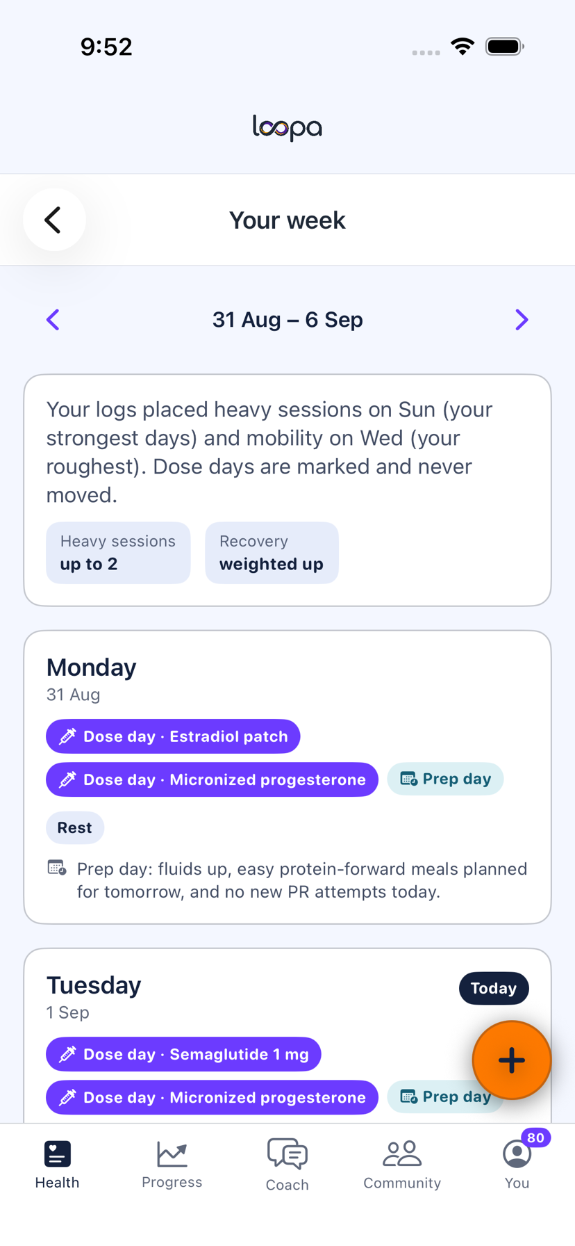 The week screen on iPhone: seven days with dose days marked, strongest and roughest days labeled, and heavy, moderate, light and mobility sessions placed around them