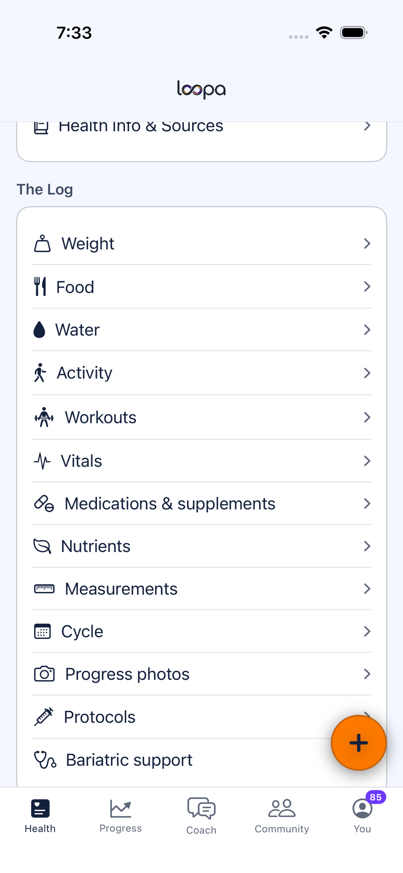 The Loopa log on iPhone: weight, food, water, activity, workouts, vitals, medications and supplements, nutrients, measurements, cycle and progress photos, each a row you can open.