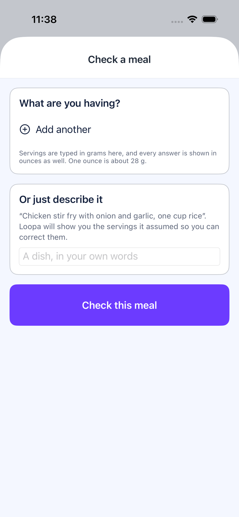 The Low FODMAP meal checker in Loopa on iPhone, showing a reading for a meal and the foods it came from