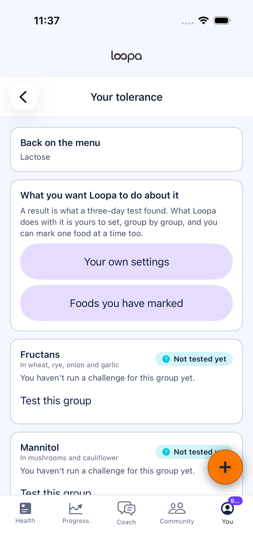 The Low FODMAP tolerance profile in Loopa on iPhone, listing the six FODMAP groups and what was found for each