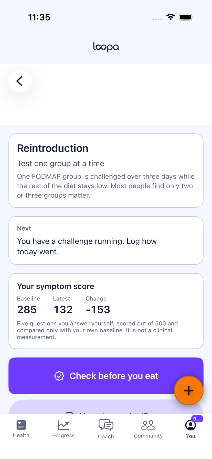 The Low FODMAP screen in Loopa on iPhone, showing which phase you are in and what happens next
