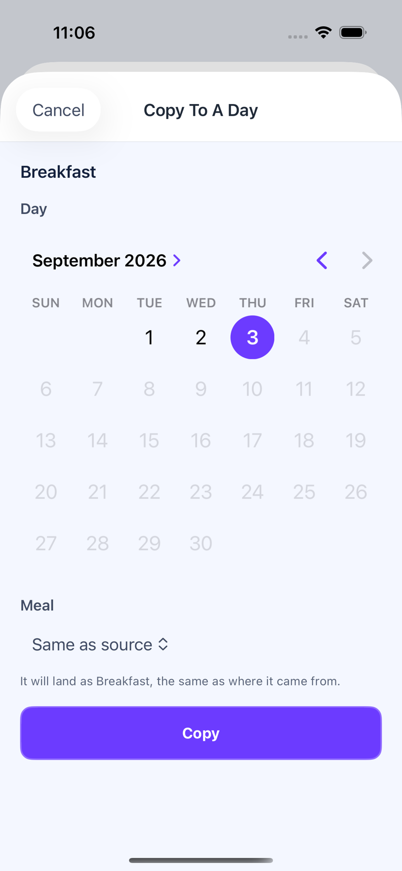 Copying a meal to a day in Loopa: a calendar for the destination day and a meal picker set to Same as source, with the line It will land as Breakfast, the same as where it came from