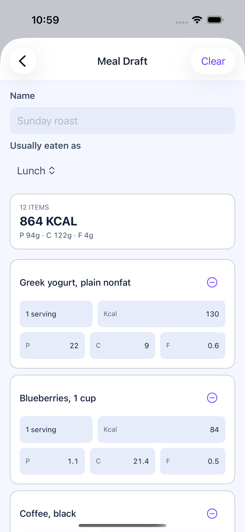A meal draft in Loopa, with the foods picked from an earlier day listed as editable rows and a running calorie and macro total