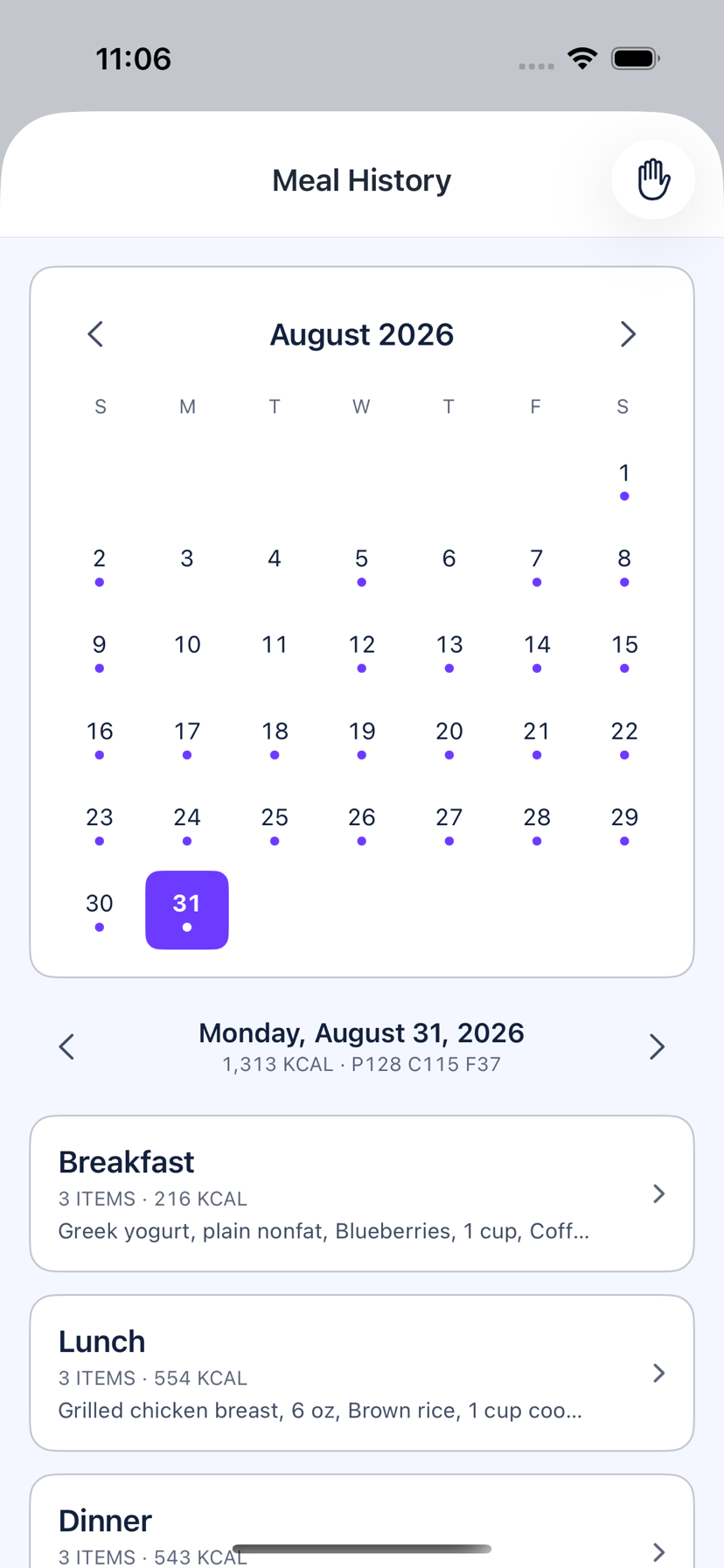 The Loopa meal history calendar on iPhone, marking the days with food logged and showing that day&rsquo;s meals underneath