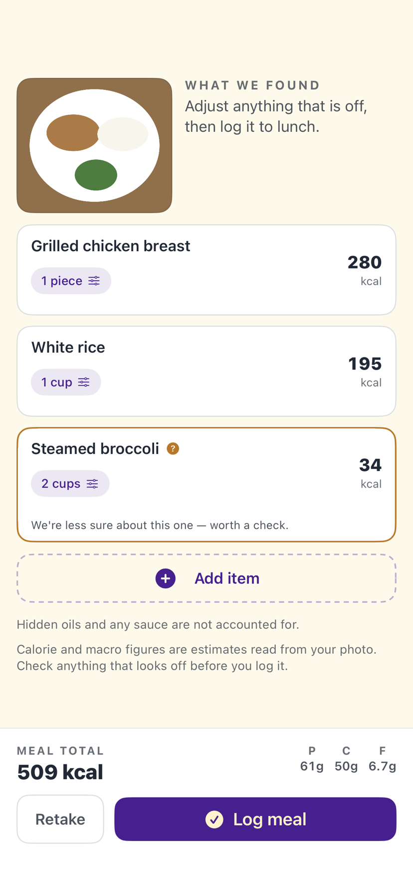 Reviewing a photographed meal in Loopa: one line per food, each with its own portion and calories, and a running total