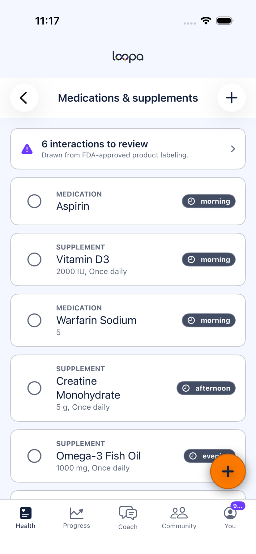 The Loopa medications screen on iPhone, listing the member&rsquo;s medications with their doses