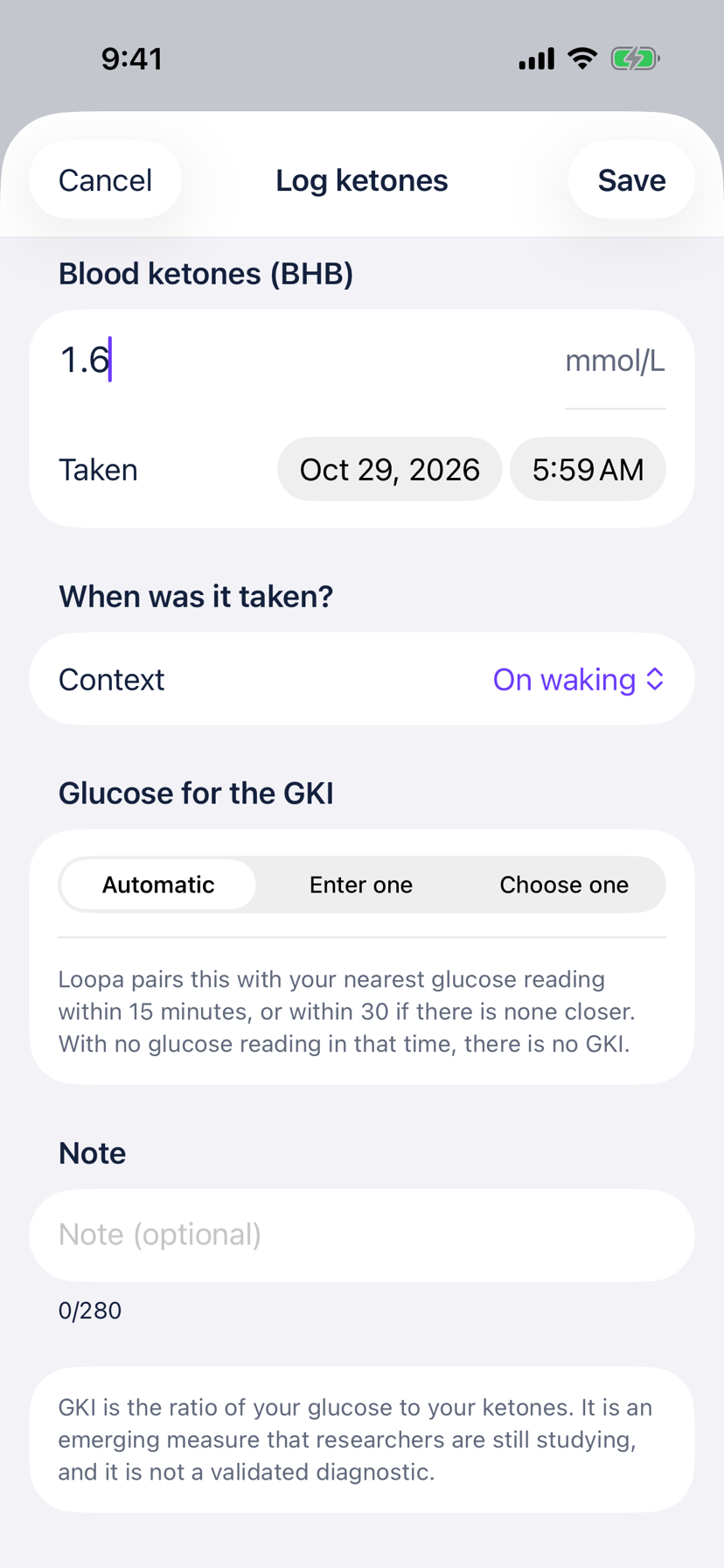 The Loopa Log ketones sheet on iPhone with a blood ketone reading of 1.6 mmol/L, the time, a context picker and the glucose pairing choice