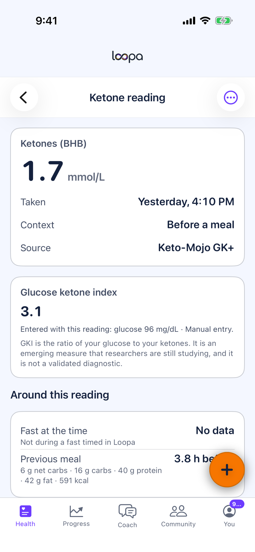 A Loopa ketone reading on iPhone: blood ketones, the glucose it was paired with and the glucose ketone index worked out from them