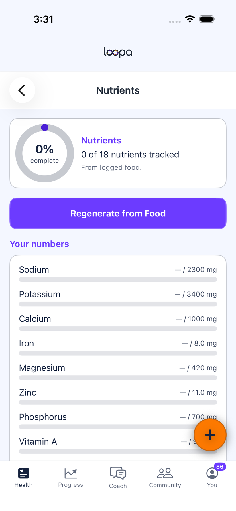 Loopa on iPhone: eighteen micronutrients tracked from logged food