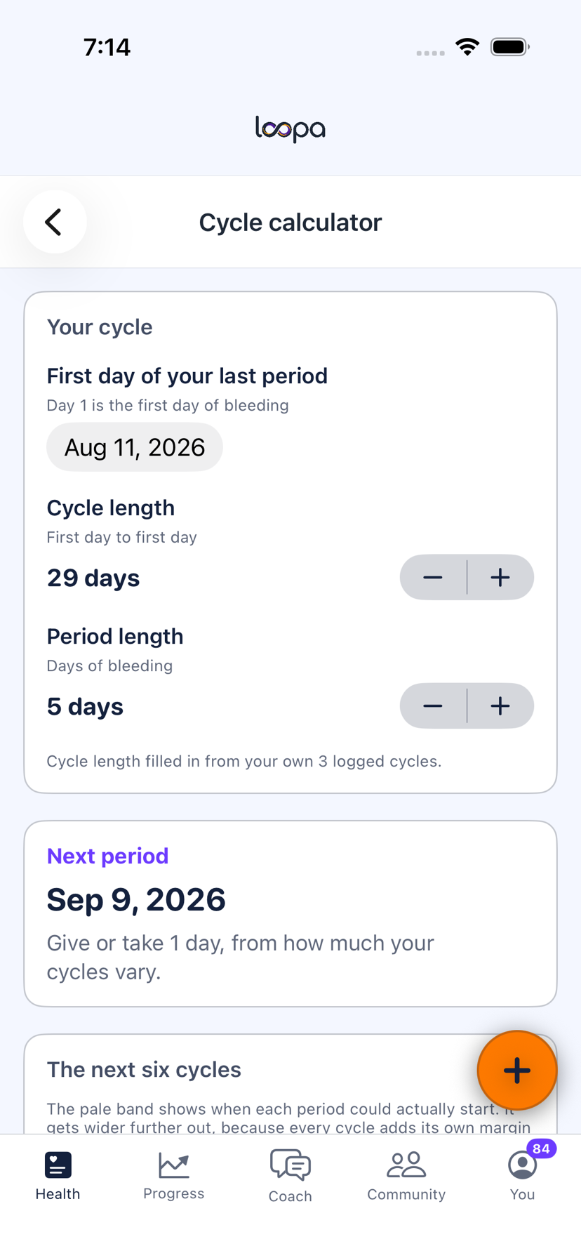 The Loopa cycle calculator on iPhone, projecting the next six periods
