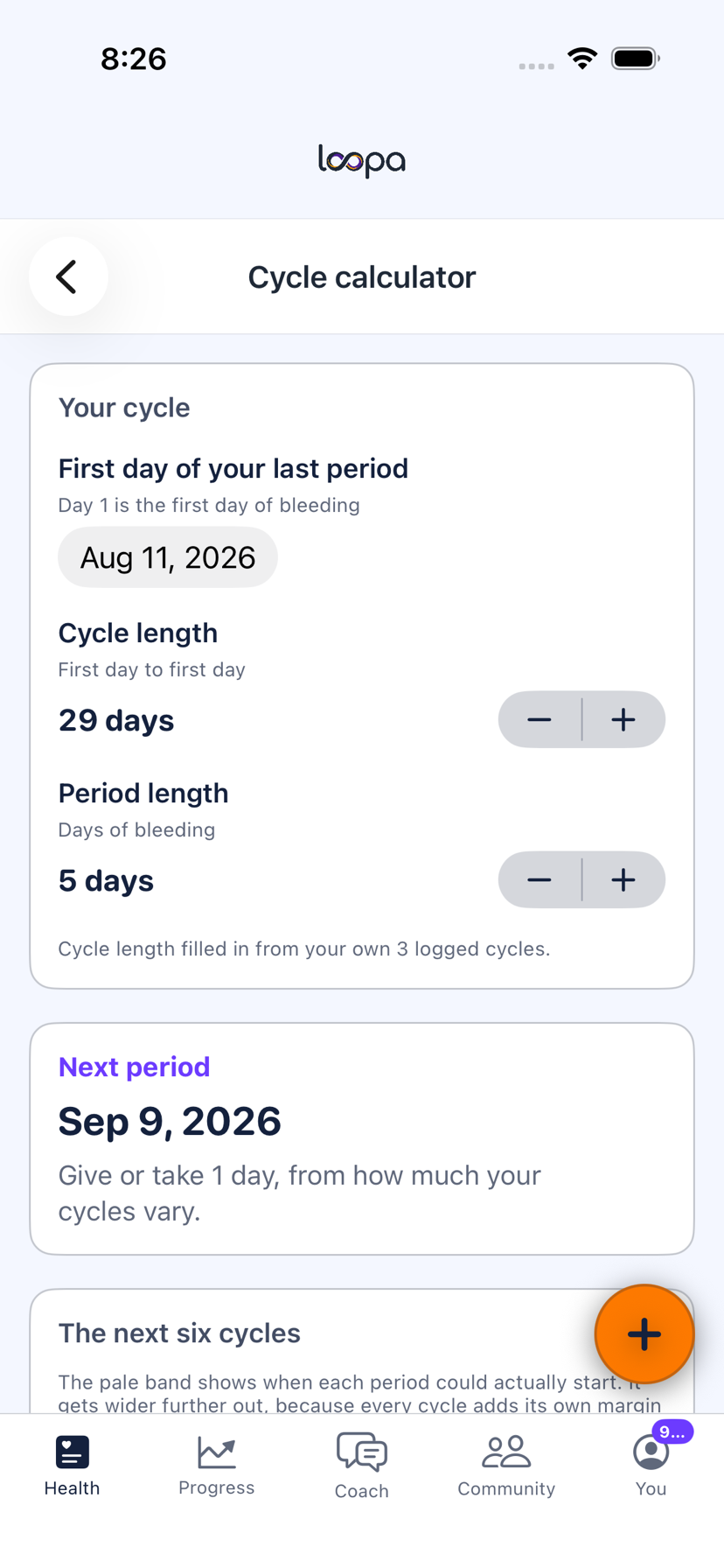 The Loopa cycle calculator on iPhone, projecting the next six periods