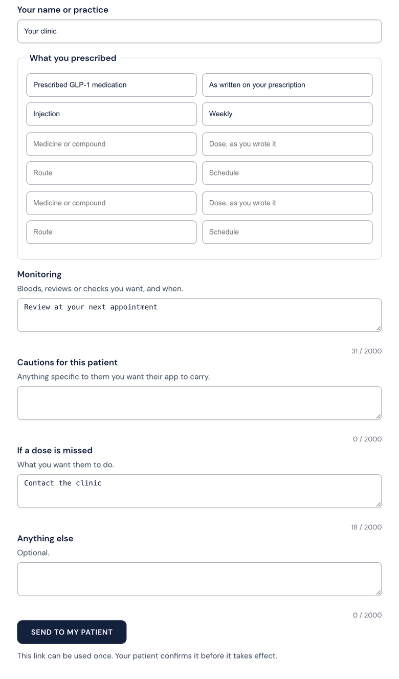 The prescriber&rsquo;s web form, filled in with sample text: their name or practice, what they prescribed with dose as written, route and schedule, then monitoring, cautions for this patient, if a dose is missed and anything else, above a Send to my patient button