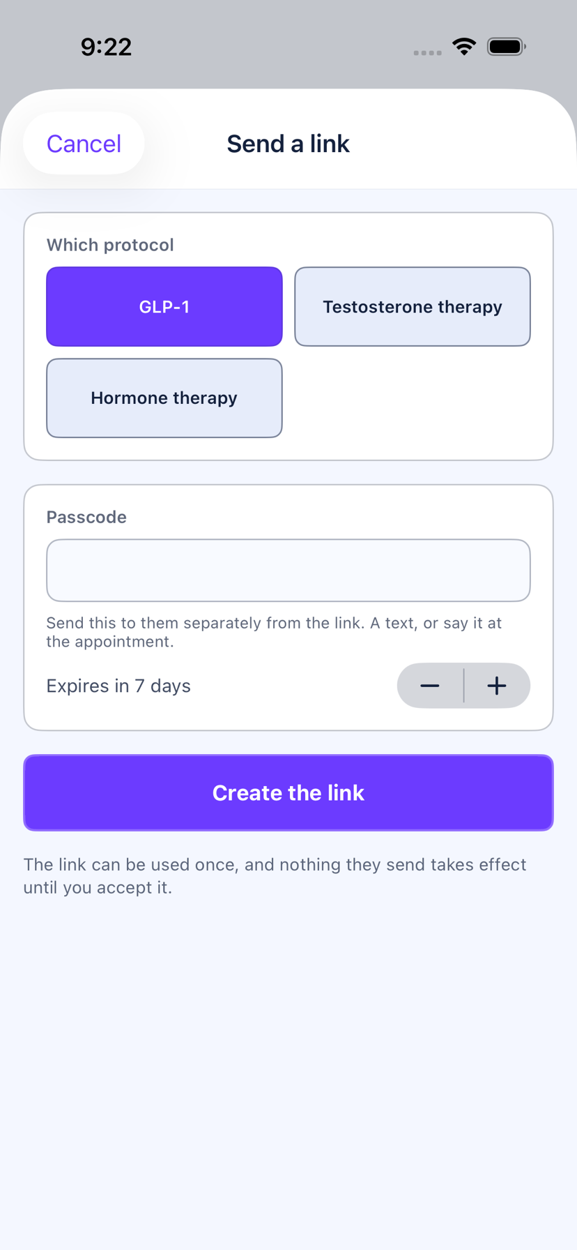 The Send a link sheet in Loopa on iPhone: a choice of protocol, a passcode field, Expires in 7 days with minus and plus buttons, and Create the link
