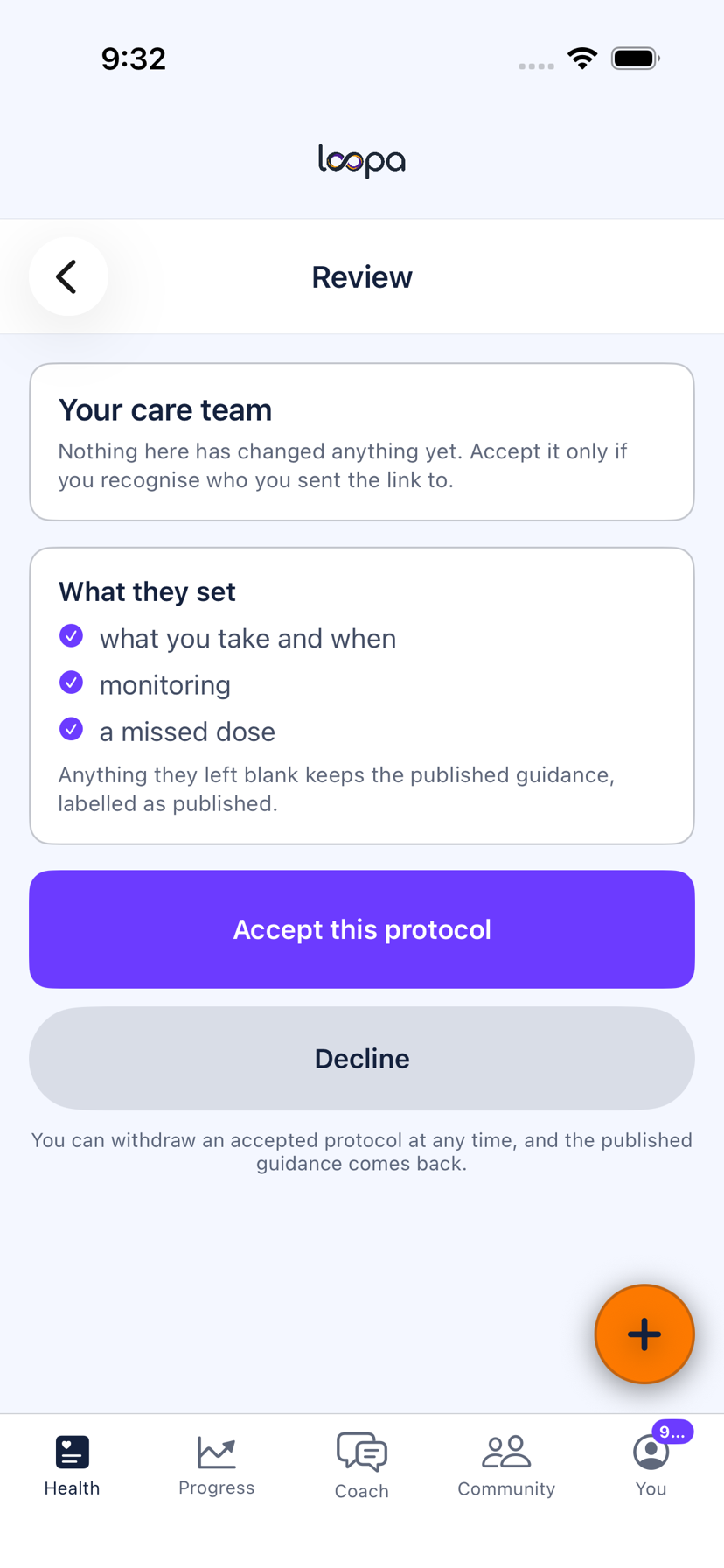 The Review screen in Loopa on iPhone for a GLP-1 submission from Your care team, listing what they set (what you take and when, monitoring, a missed dose) above Accept this protocol and Decline
