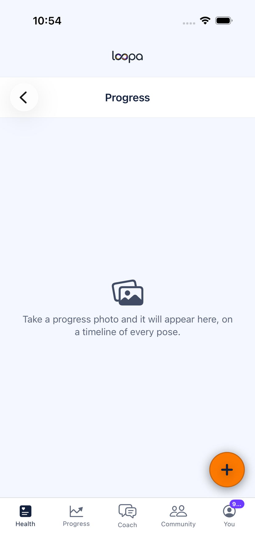 The Loopa progress photo timeline on iPhone, one row per pose with the most recent first