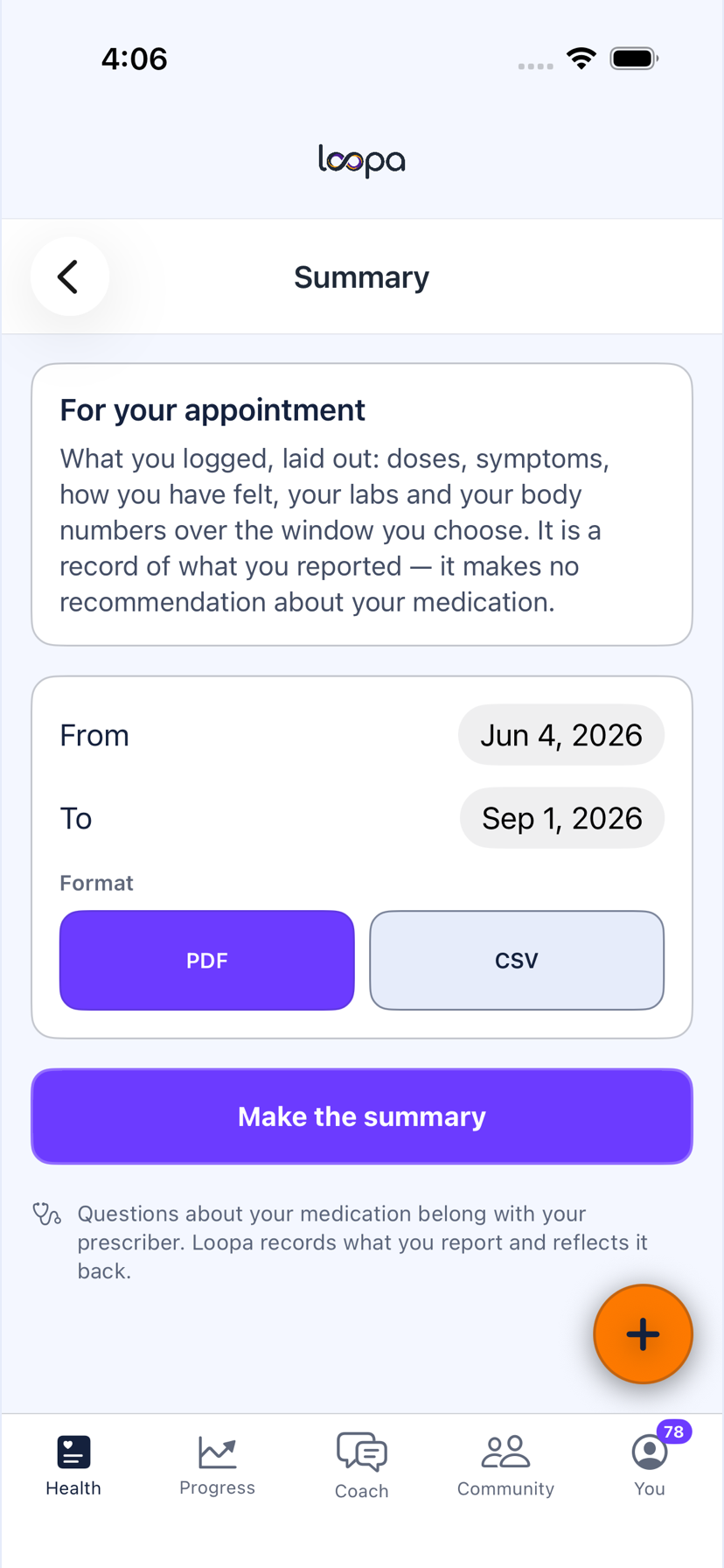 The Summary screen on iPhone: a date window, PDF or CSV, and the line that questions about your medication belong with your prescriber