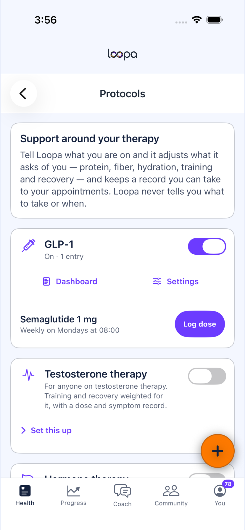 The Protocols screen on iPhone, listing GLP-1, testosterone therapy and hormone therapy