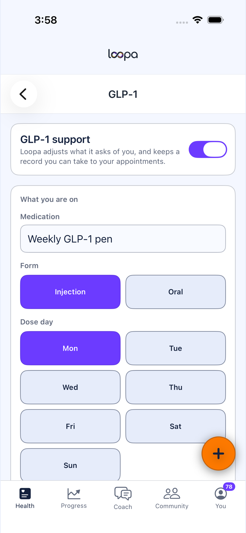 The GLP-1 support screen on iPhone: the switch, the medication name, the form and the dose day