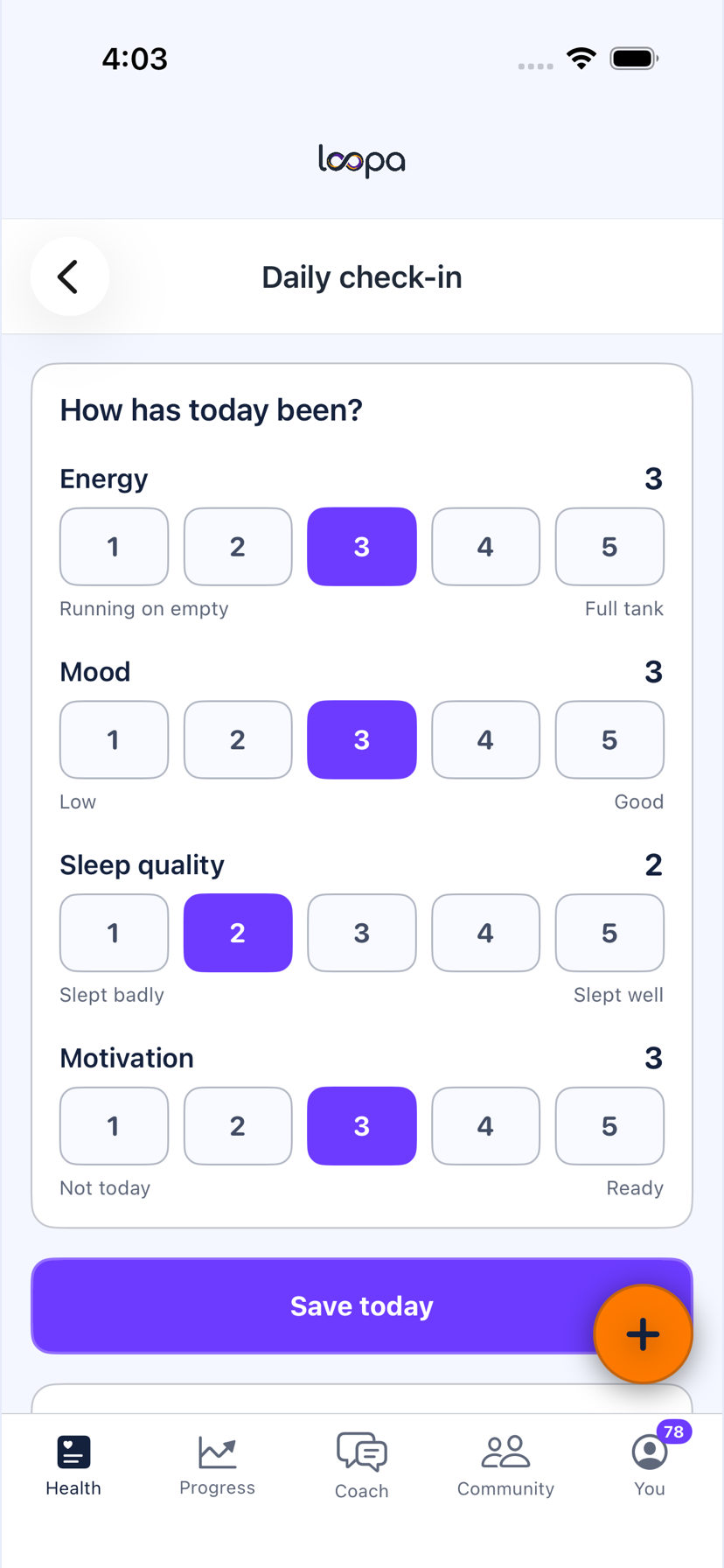 The Daily check-in on iPhone: energy, mood, sleep quality and motivation, each one to five