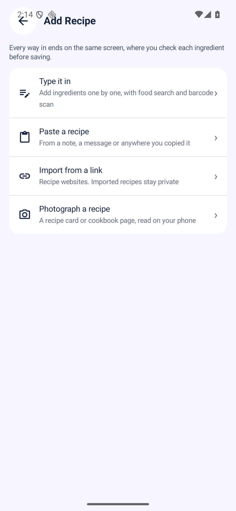 Loopa Add Recipe screen on Android with four choices: Type it in, Paste a recipe, Import from a link and Photograph a recipe