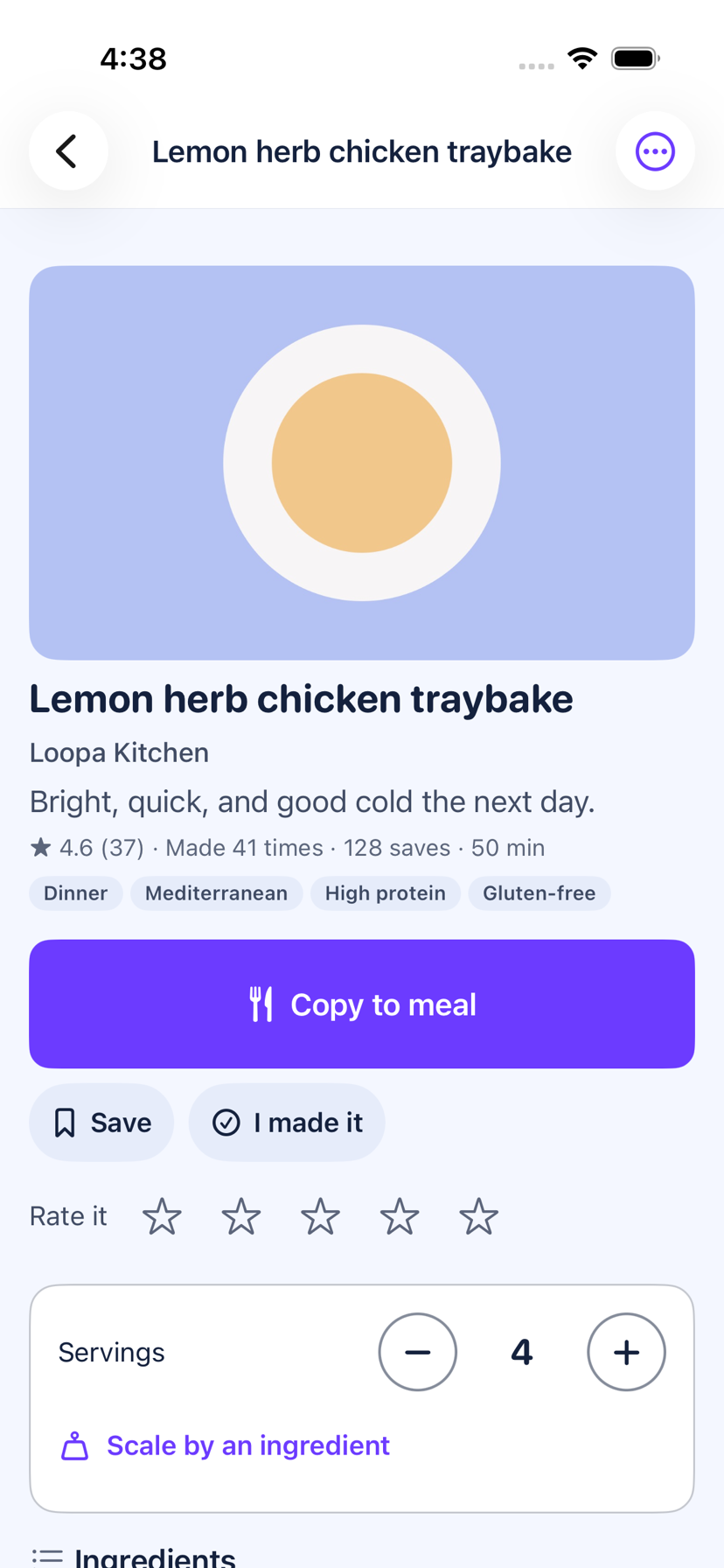 Loopa recipe screen for a lemon herb chicken traybake: rating, tags, a Copy to meal button, Save and I made it, and a servings stepper set to 4