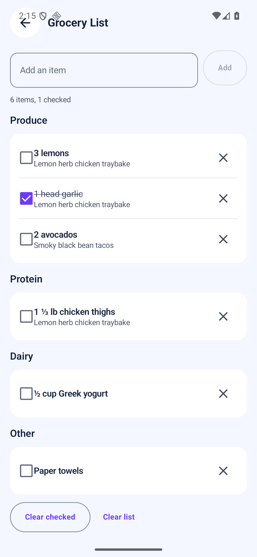 Loopa grocery list on Android grouped into Produce, Protein, Dairy and Other, each item showing the recipe it came from, with Clear checked and Clear list buttons