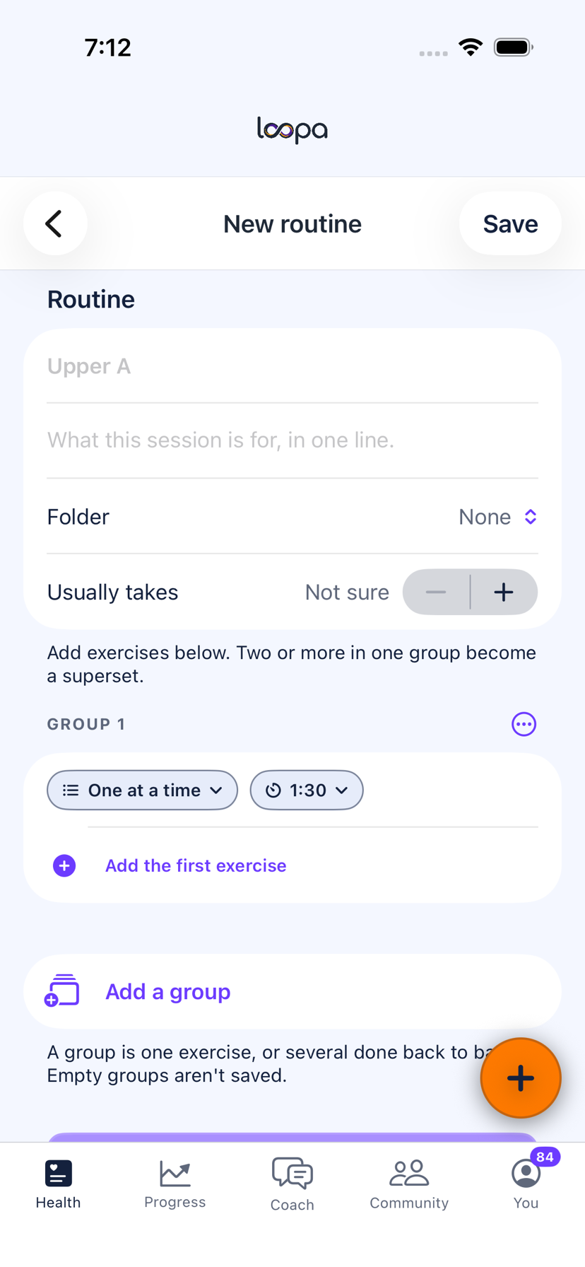 Building a routine in Loopa on iPhone: a name, a folder, and groups of exercises where two or more in one group become a superset