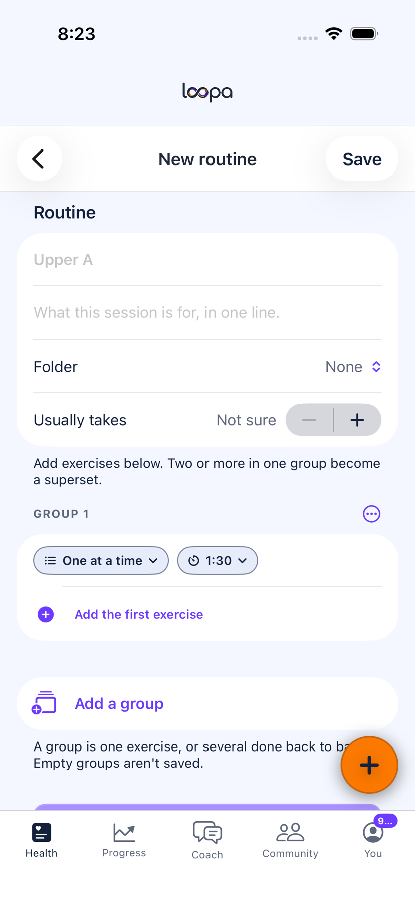 The Loopa routine builder, with exercises, sets and target reps laid out