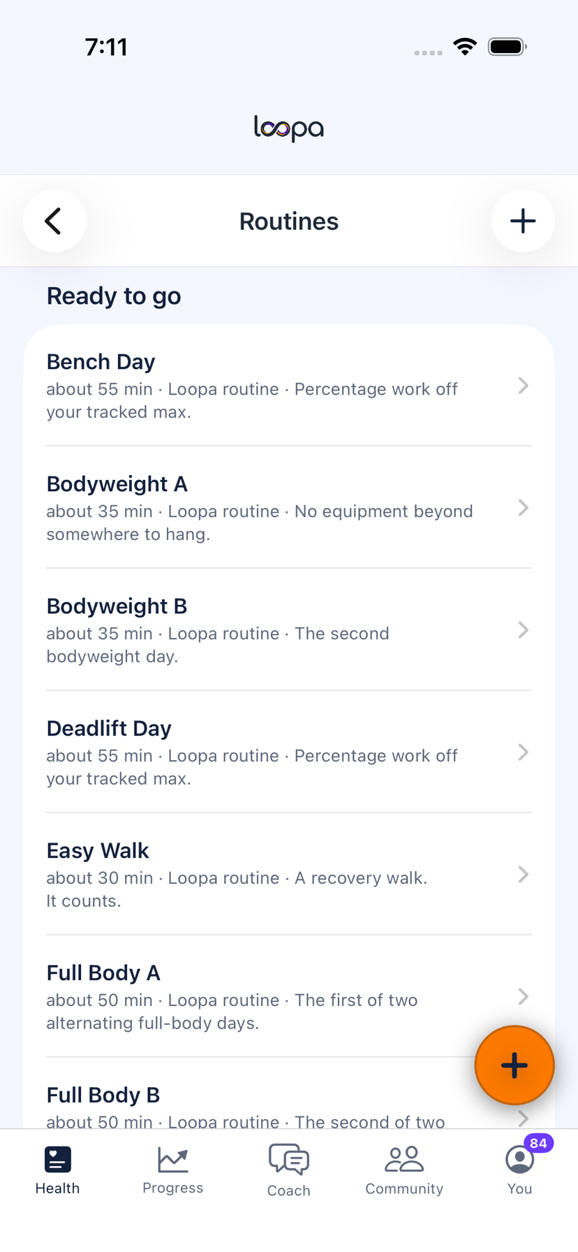 The Loopa routines library on iPhone, listing ready-made routines with their length and a one-line description