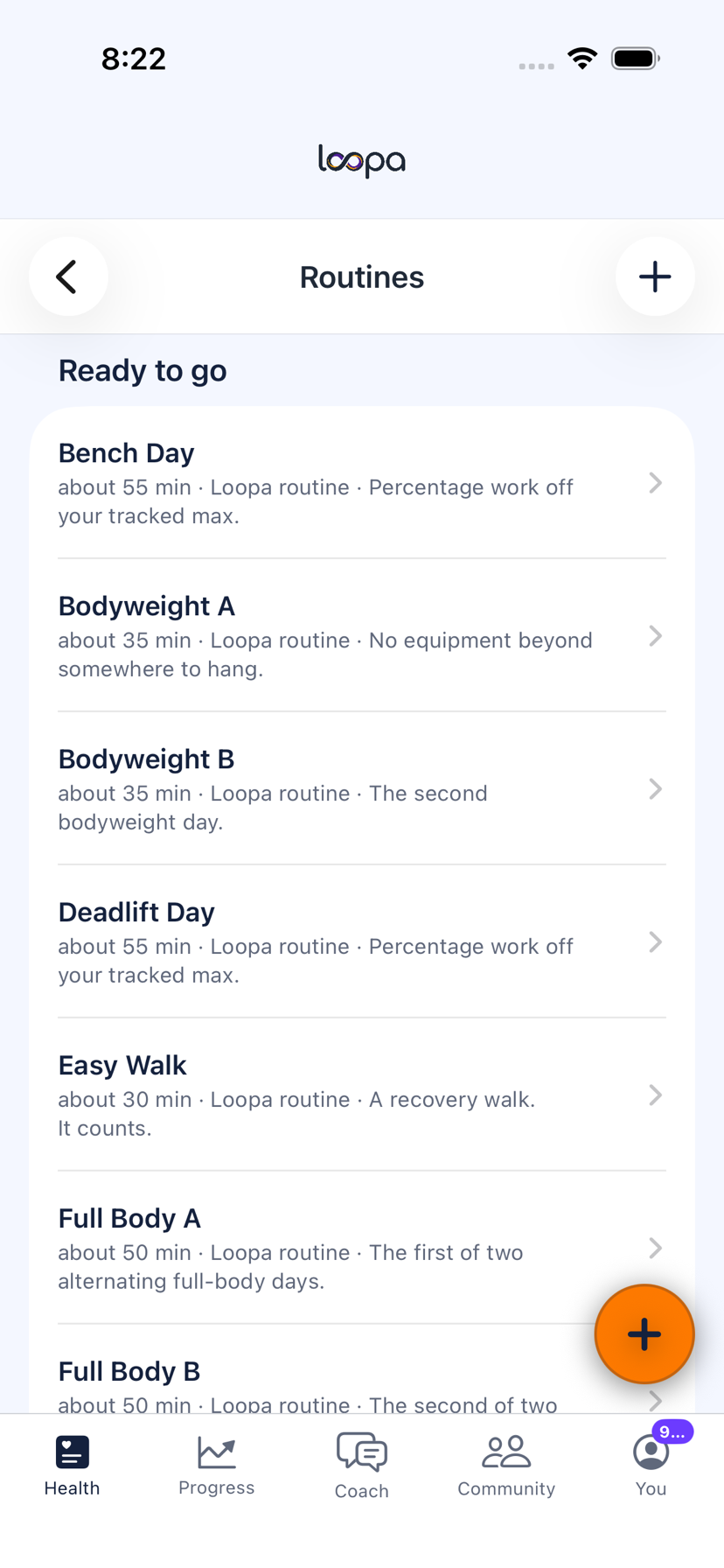 The Routines screen in Loopa on iPhone, listing routines such as Bench Day, Bodyweight A and Deadlift Day with how long each usually takes and how it progresses