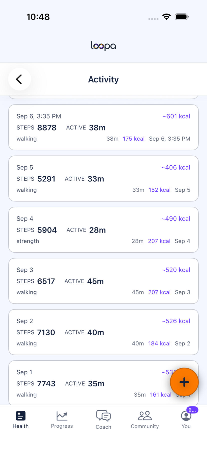 The Loopa activity screen on iPhone with the day’s steps and active minutes against their reference marks