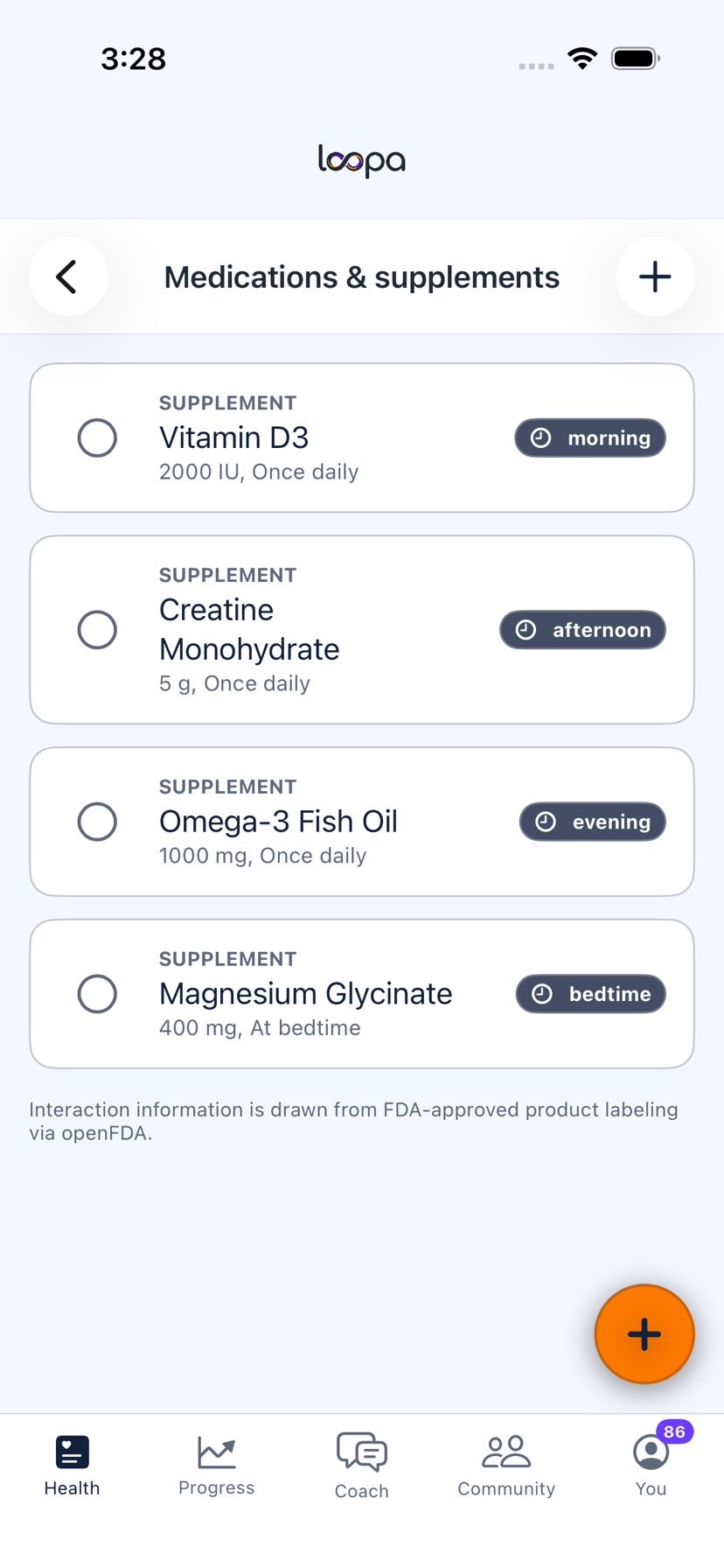 The Loopa supplements screen on iPhone, four supplements with their dose and time of day