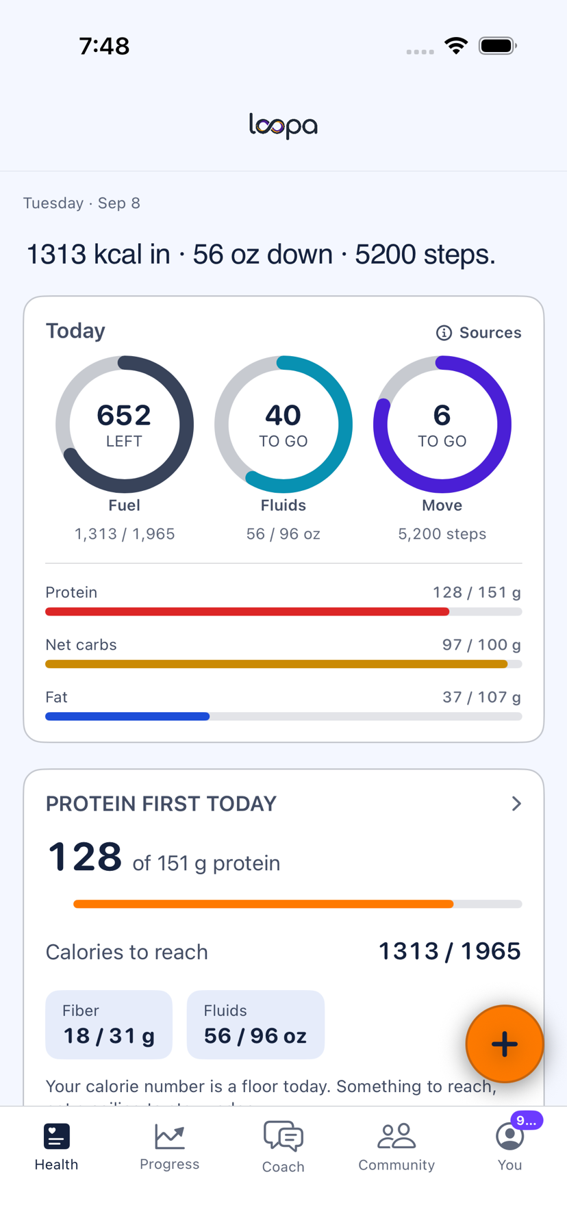The Loopa Today screen on iPhone, with 652 kcal left of a 1,965 kcal target, fluids and steps beside it, and protein, net carbs and fat bars against their targets