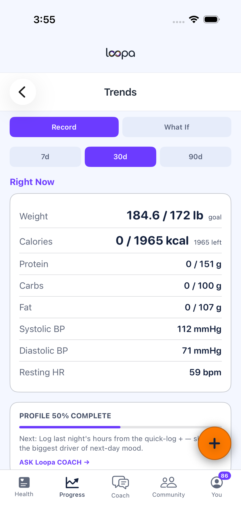 The Loopa Trends screen on iPhone, showing weight against goal with calories, macros and vitals over 30 days