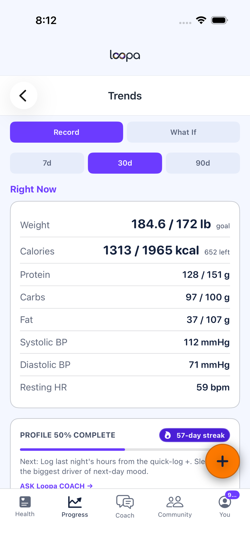 The Loopa Trends screen on iPhone, showing weight against goal with calories, macros and vitals over 30 days